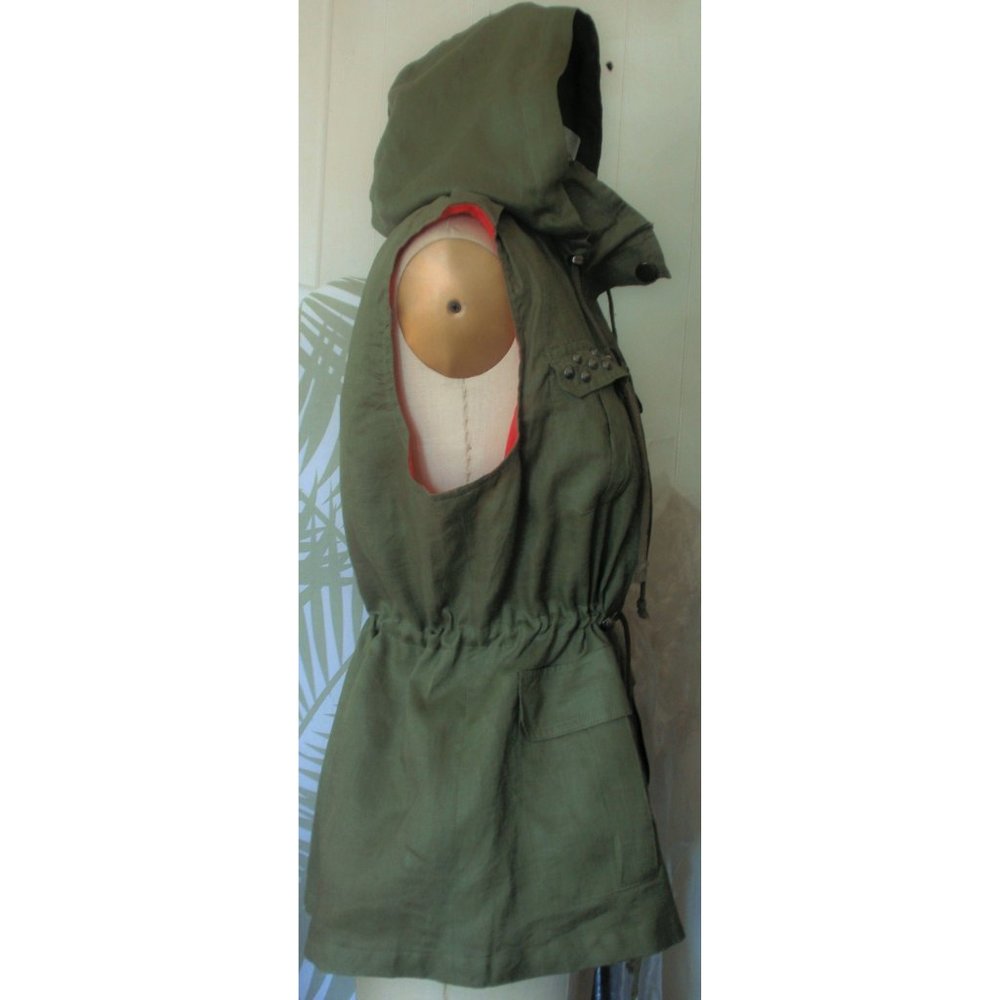 NEW OLIVE GREEN LINEN STUDDED ANORAK VEST L - Picture 4 of 10